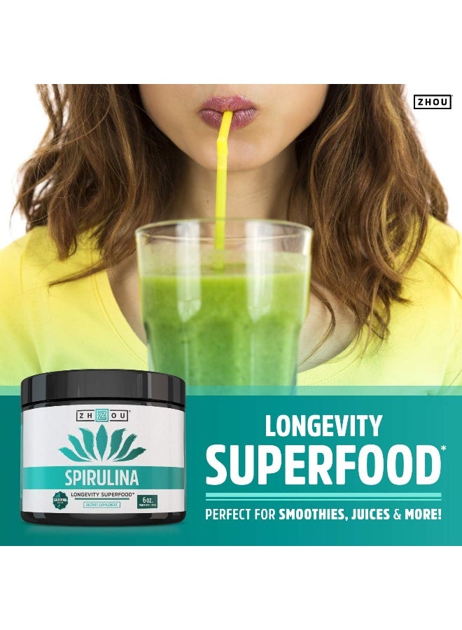 Zhou Spirulina Powder, Nutrient Rich Superfood, California Grown, 100% Pure, Vegan, Gluten Free, Non-GMO, Non-Irradiated, Perfect for Smoothies, Juices, 48 Servings, 6 oz - Image 3